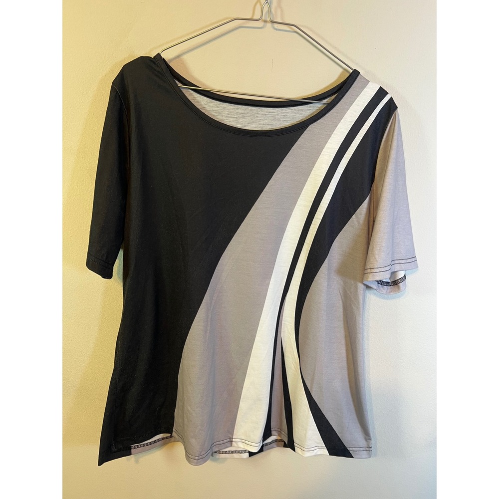 Women Short Sleeve‎ Abstract Wavy Stripe Top Black Grey XL